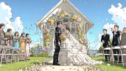 晴天の日のウェディングベルの鳴り響く中の結婚式 | 3424509-7235