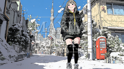雪の積もる冬の都会を散策している若生女性 | 3441899-12987