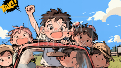 小学生の夏の思い出：ドライブ（クレヨン＋水彩画風）