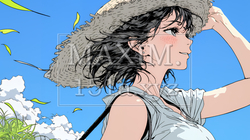 春風に飛ばされそうな帽子を、手で押さえる若い女性