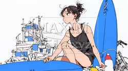サーフボードを手入れしている若い女性（シンプルな色使い）