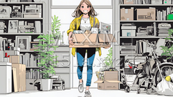 引っ越しの荷造り・荷解きをしている若い女性 | 3450497-14933