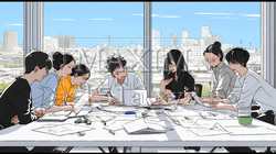 資料を見ながら打ち合わせをする会社員｜オフィスのビジネスミーティングイメージ | 3453916-17205