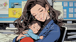 赤ん坊を抱きながらデスクワークをしている女性