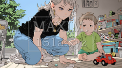 家の中で子どもと遊んでいる若い母親 | 3469600-8148