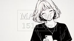 楽しそうにスマホ画面を眺めている若い女性（シンプルな色使い） | 3475237-14959