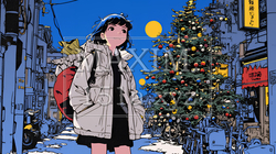 ホワイトクリスマスの街を歩く若い女性 | 3478039-6647