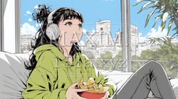 ポテトチップスをつまみながら、ひとりでビデオを観る若い女性 | 3483992-15880