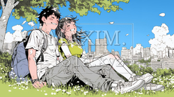 新緑の芝生が広がる都会の公園でくつろぐ若い男女｜3495308-10398