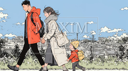 仲の良い家族：父親、母親、その子どもが仲良く連れ立って歩いている | 3499382-12658
