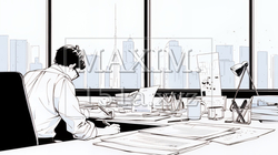 PCを使って企画を練っている男性（シンプルな色使い）
