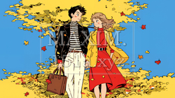 紅葉の公園でデートをしている若い男女のカップル｜3522166-12489