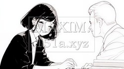 笑顔で顧客に面談説明をしているビジネスパーソン（シンプルな色使い）