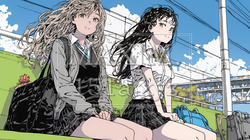 制服姿の女子高生：友達と駅で電車待ち