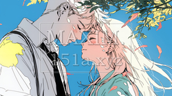秋の紅葉の下でキスをしている若い恋人たち｜3522554-5031