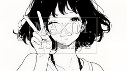 アイドルのように顔の横でピース＋ウィンクしている若い女性（シンプルな色使い）