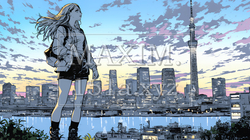 夕暮れ（朝の）都市のランドスケープを眺めている若い女性 | 3545993-13012