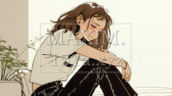 腹痛（生理痛）に苦しむ若い女性（シンプルな色使い） | 3552155-15169