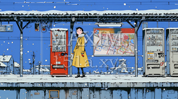 雪の降るホームで電車待ちをしている若い女性 | 3555417-7293