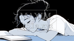 資料（本）を読みながら、うとうと眠ってしまう若い女性（シンプルな色使い） | 3560448-16026