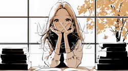 秋の読書を楽しむ若い女性｜静かで落ち着いた秋の日のイラストポートレート（シンプルな色使い）｜689455-18097