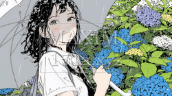 アジサイと梅雨の長雨と若い女性｜3587223-9281
