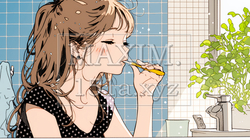 洗面所で朝の歯磨きをする若い女性 | 3581360-16894