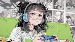 対戦型テレビゲームに没頭している若い女性