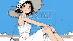 一人旅の若い女性と夏のビーチの風景（シンプルな色使い）