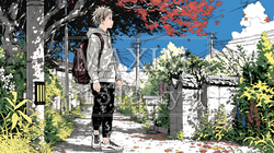 秋の景色：紅葉の小径を歩く若い男性