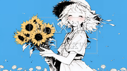 ひまわりと女性（シンプルな色使い）｜3802571-8767