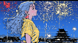 古城をバックに打ち上げ花火と若い女性