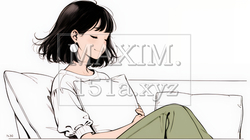 ソファでクッションを抱えてくつろぐ若い女性（シンプルな色使い） | 3651695-16799
