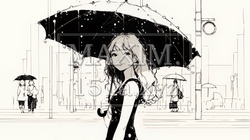 雨の日に傘をさして歩く若い女性（シンプルな色使い）｜3737590-9253