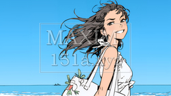一人旅の若い女性と夏のビーチの風景（シンプルな色使い）｜4372418-9992