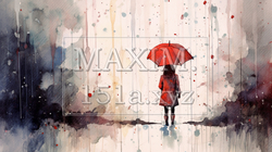 雨降りの公園を傘をさした若い女性が歩いている風景：　水彩画 | 3664675-18519