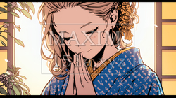 手を合わせてお祈りをしている和服姿の若い女性 | 3678687-14574