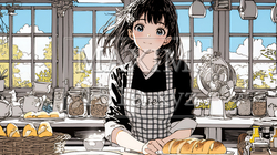 近所のパン屋で焼きたてパンを買う若い女性 | 3705744-16207
