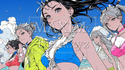 仲の良い友達同士で南国の海岸にビキニ姿でいる若い女性たち