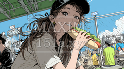 野球などの屋外スポーツを観戦しながら、ホットドッグを頬張る若い女性。 | 3722977-9566