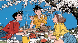 満開の桜の下で仲間たちと花見宴会 | 3724190-7344