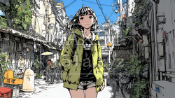 都会の治安の悪そうな場所にいる若い女性