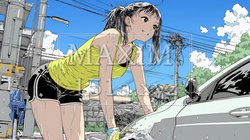 晴れた日に洗車をする若い女性｜青空と水しぶきの爽やかなライフスタイルシーン | 3735361-17723