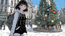 ホワイトクリスマスの街を歩く若い女性 | 3741289-6630