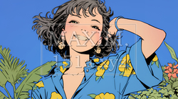 沖縄のかりゆしファッションを着て笑顔いっぱいの若い女性｜3945728-8703