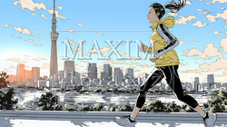 夕方の街並みを背景にジョギングをする若い女性