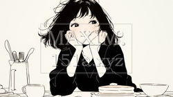 早朝のダイナー（喫茶店）でパンケーキ（モーニングセット）を食べる若い女性（シンプルな色使い）｜3393922-15606