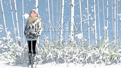 雪の積もる田舎道を歩いている若い女性 | 3773314-13101