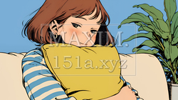 ソファでクッションを抱えてくつろぐ若い女性 | 377778-16758