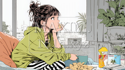 ポテトチップスをつまみながら、ひとりでビデオを観る若い女性 | 3786427-15886